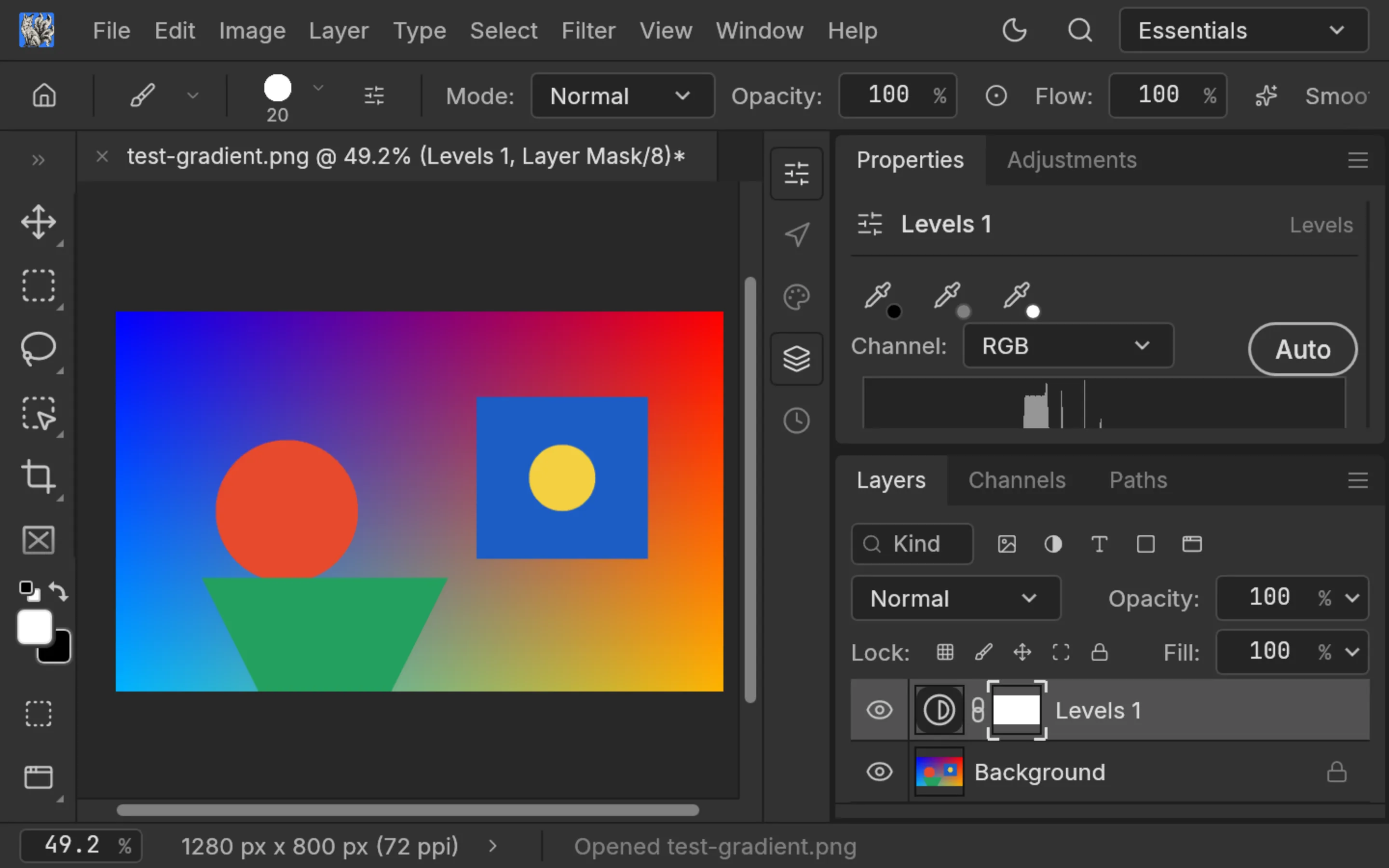 PhotoCraft 0.8.2 with a Levels adjustment layer and RGB histogram in the Properties panel