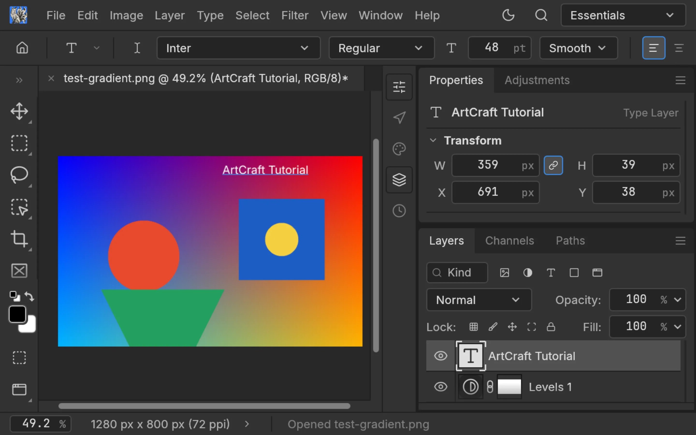 PhotoCraft 0.8.2 with an editable type layer reading ArtCraft Tutorial on the canvas