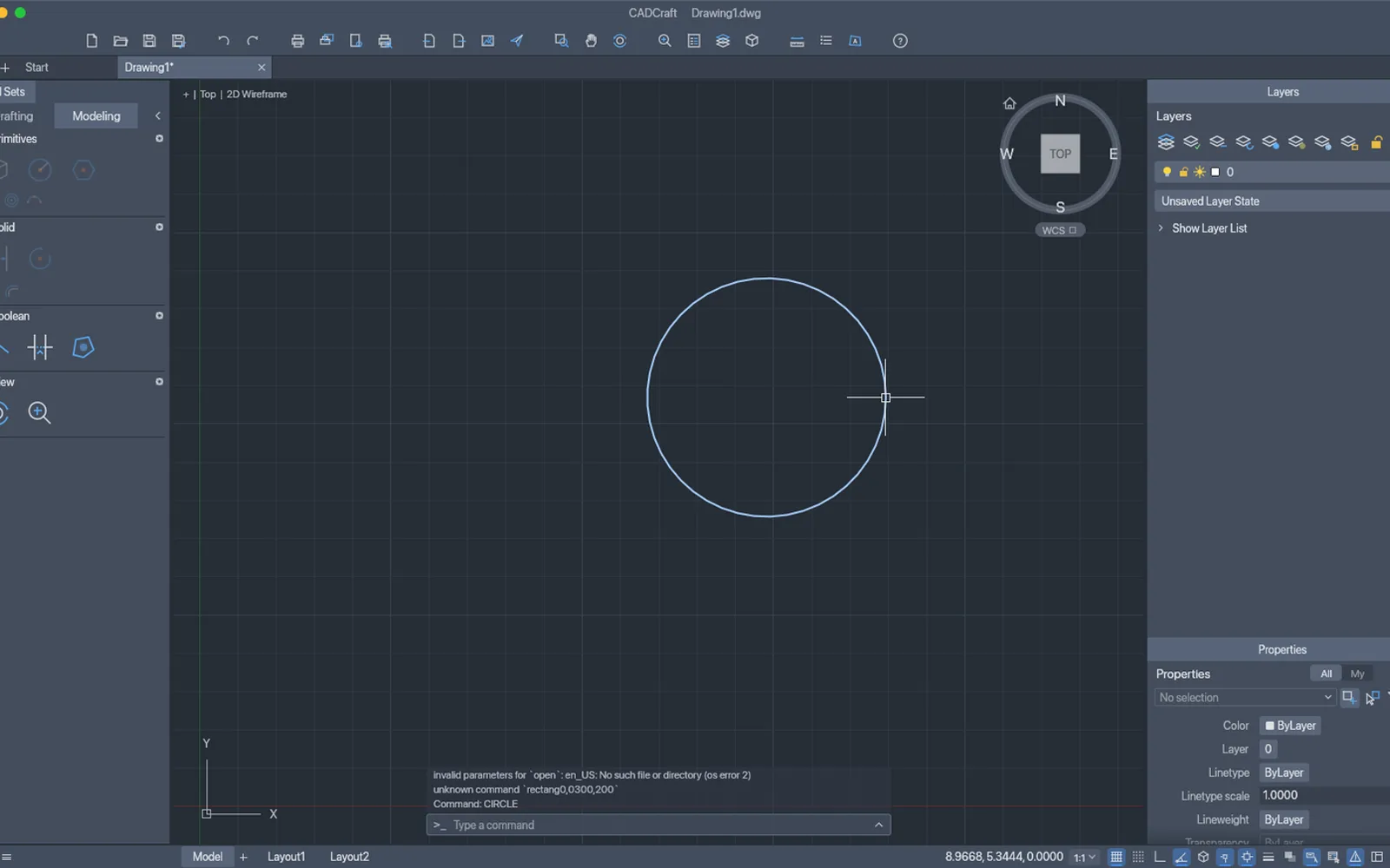 CADCraft 0.6.2 on macOS with a circle drawn on the grid and the command history showing the CIRCLE command
