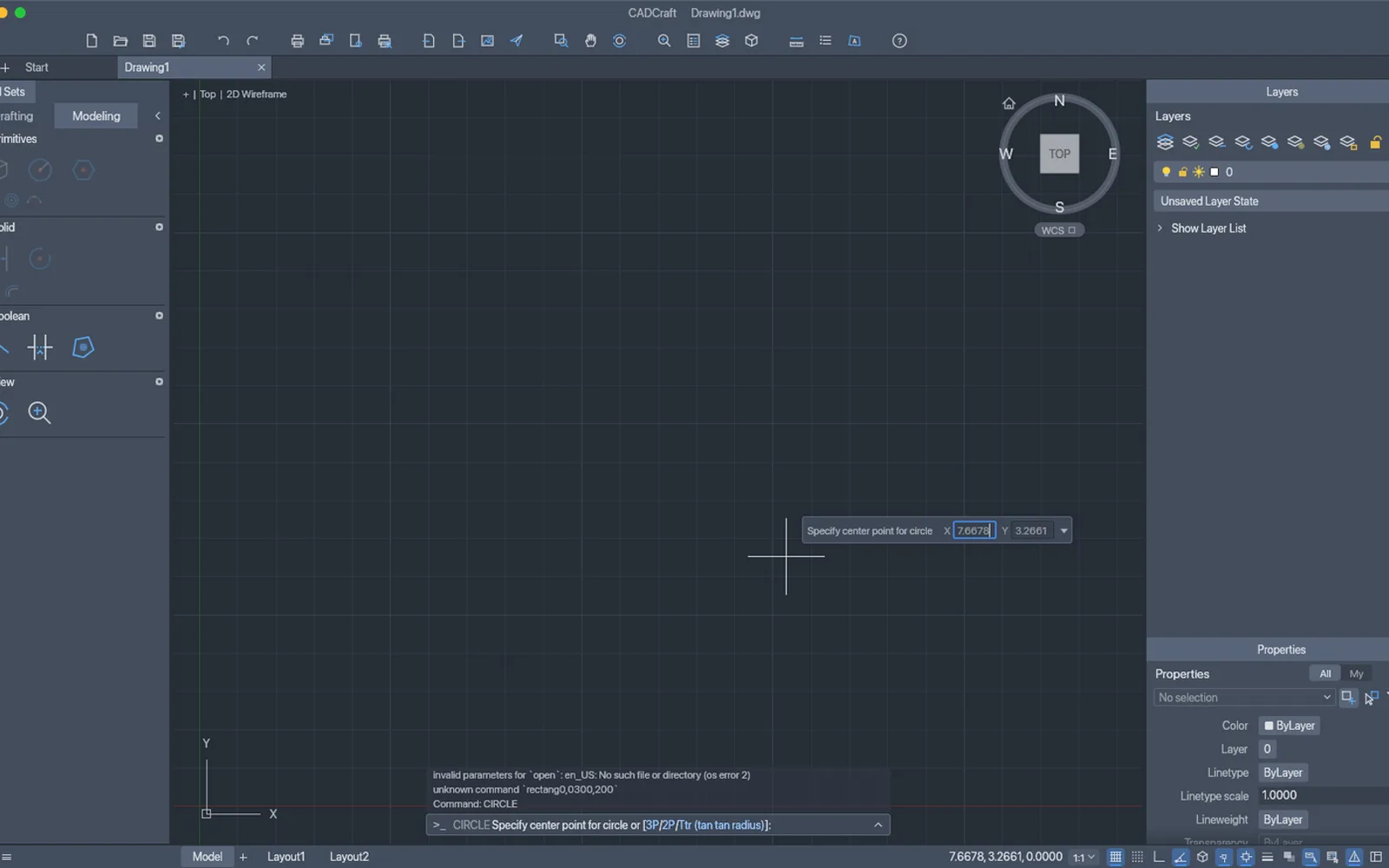CADCraft 0.6.2 mid-command, prompting for the centre point of a circle