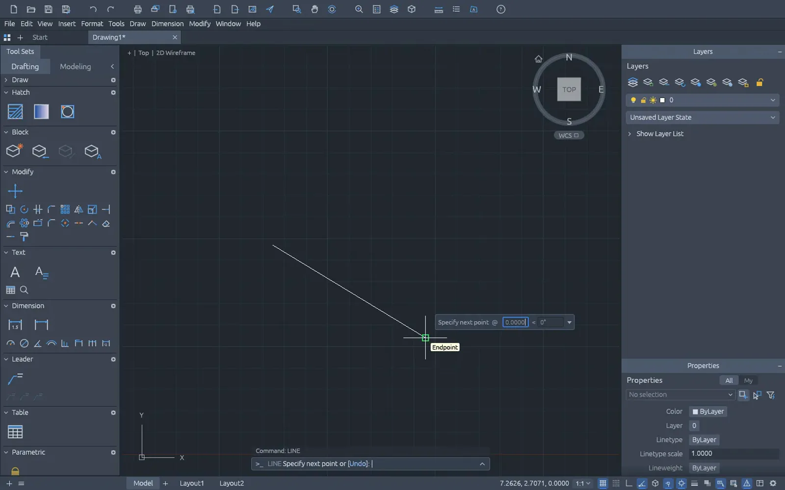 CADCraft 0.6.2 browser build with a line drawn from the command line