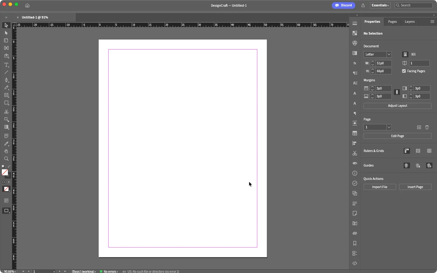 DesignCraft for Mac 0.7.1 with a new Letter document, rulers and the Properties panel