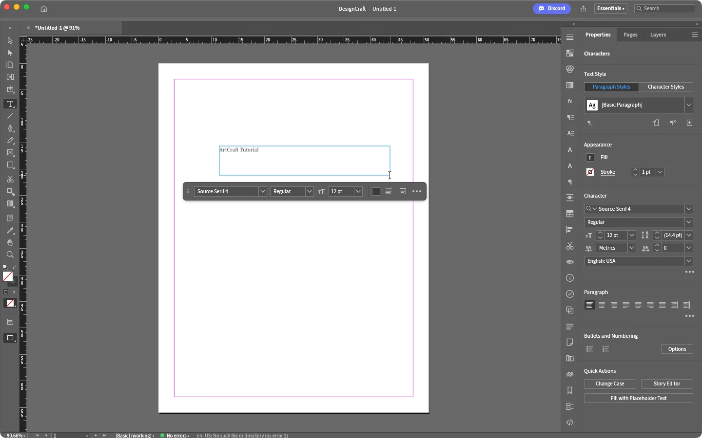 DesignCraft for Mac with a text frame being typed into and the Character and Paragraph panels