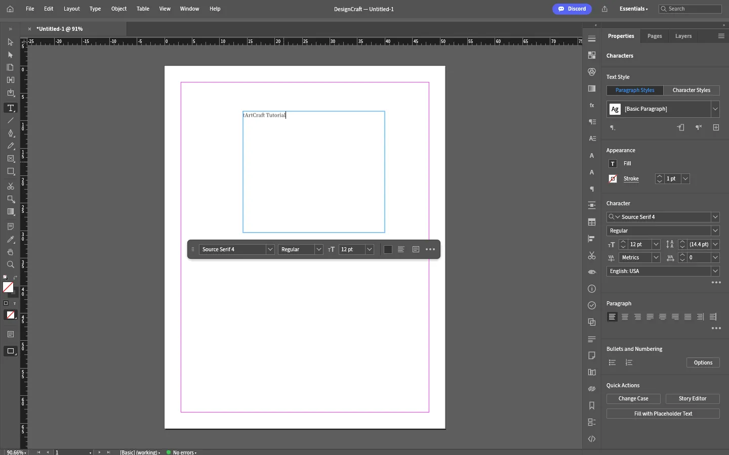 DesignCraft browser build with a text frame containing ArtCraft Tutorial