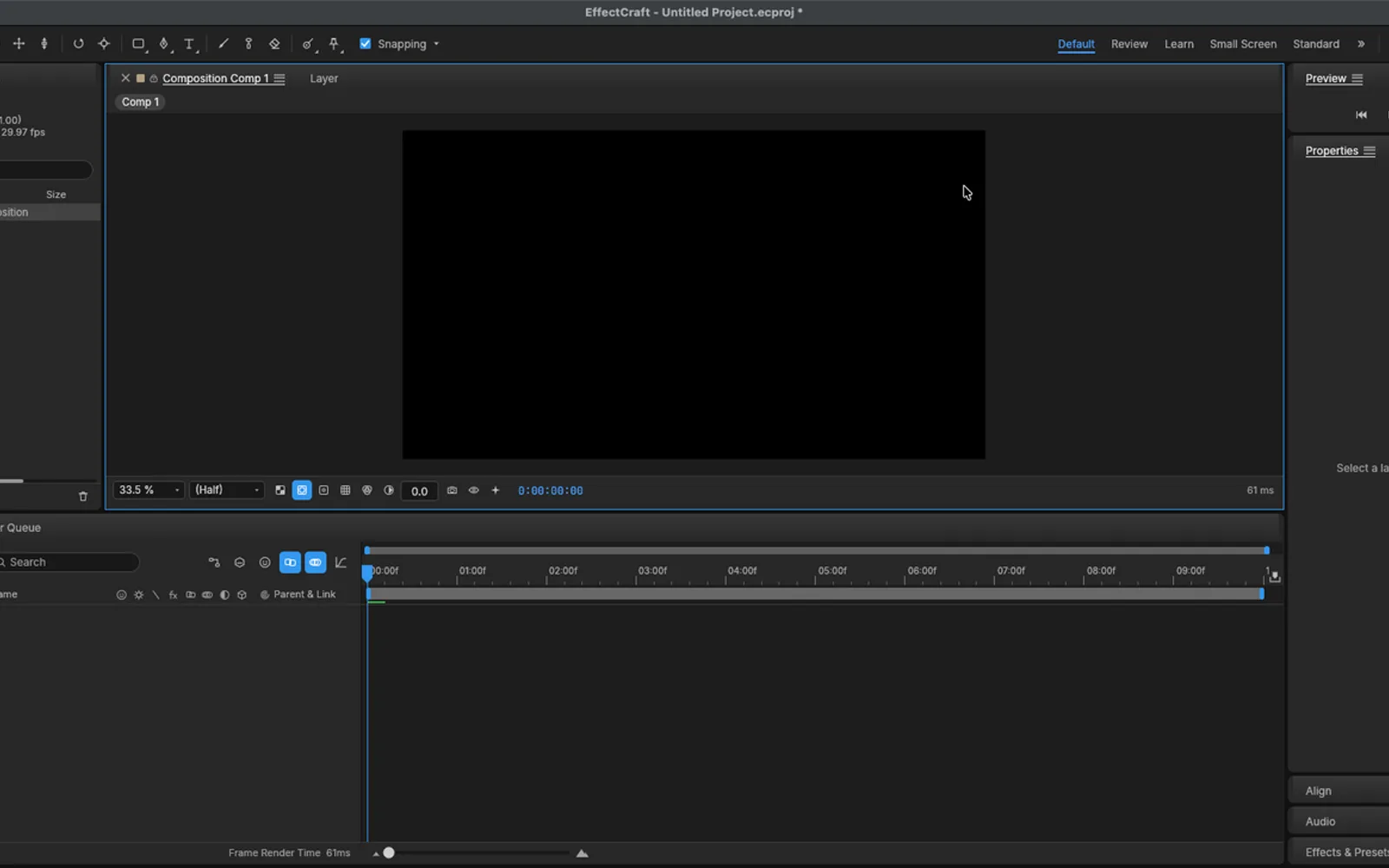 EffectCraft 0.9.2 on macOS with a new 1920 by 1080 composition called Comp 1