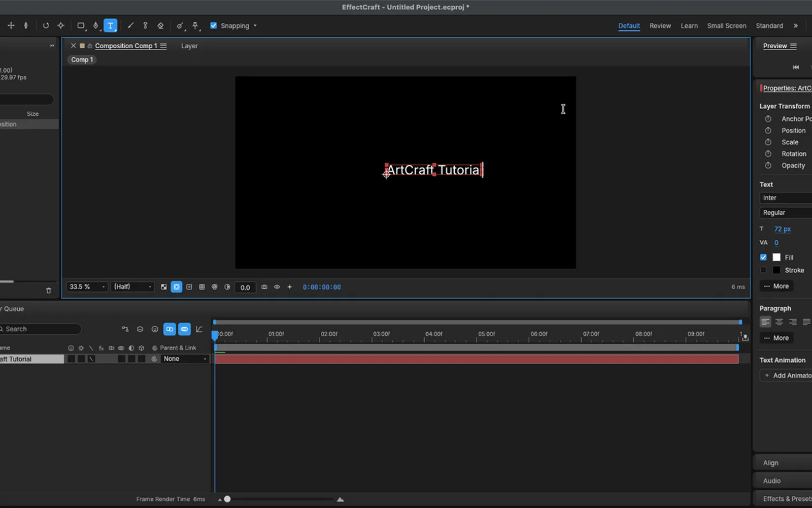 EffectCraft 0.9.2 with the words ArtCraft Tutorial typed on the composition canvas