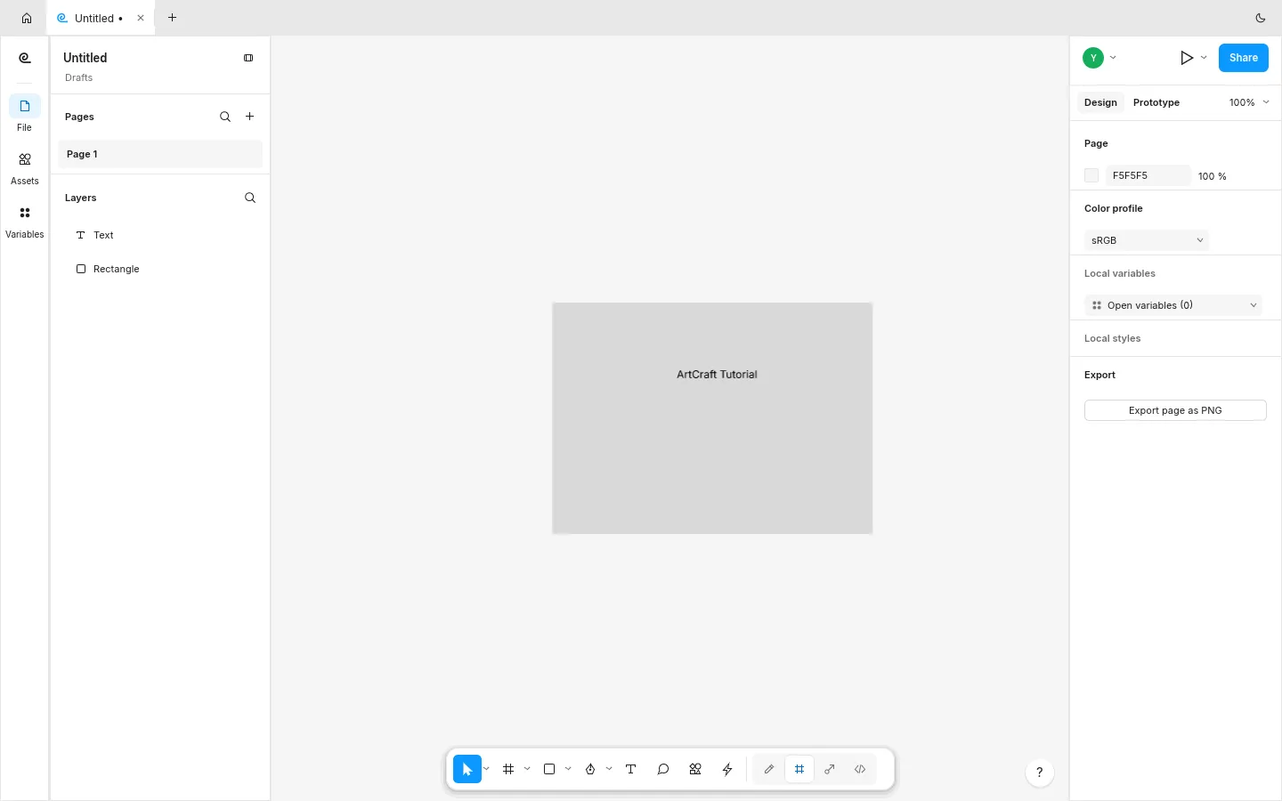 FigCraft browser build with a Text layer above a Rectangle layer and the Export page as PNG button