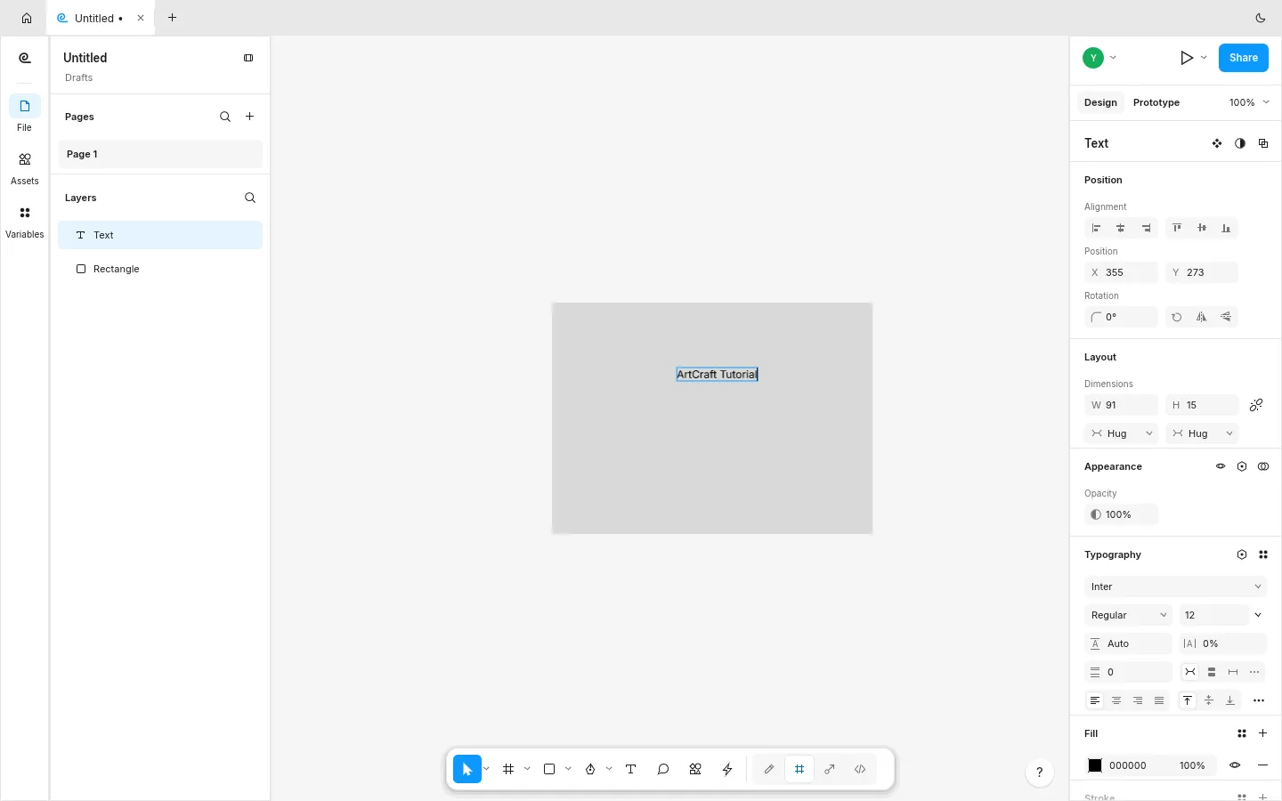 FigCraft browser build with a grey rectangle and the words ArtCraft Tutorial on the canvas