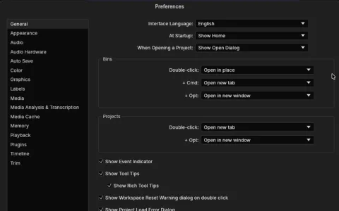 FilmCraft Preferences with Interface Language set to English