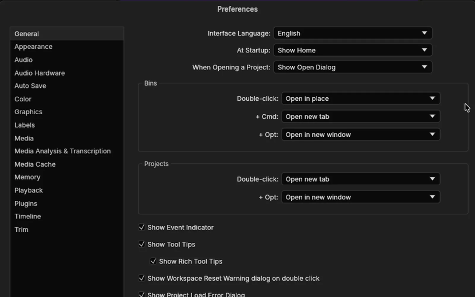 FilmCraft Preferences on macOS with Interface Language set to English