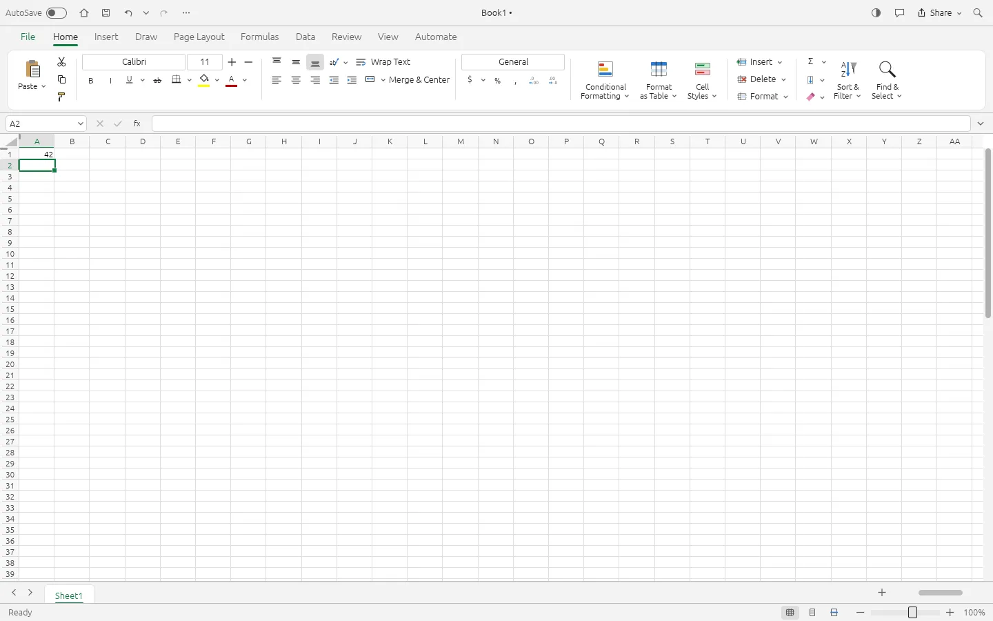GridCraft browser build with the value 42 in cell A1 and the Name Box showing A2