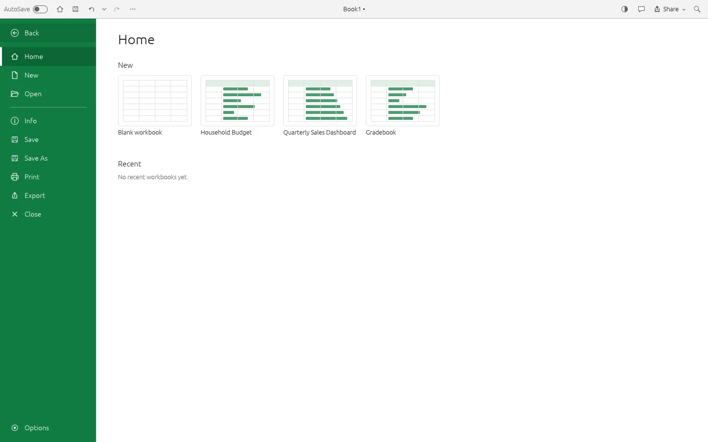 GridCraft browser build start page listing Blank workbook, Household Budget, Quarterly Sales Dashboard and Gradebook