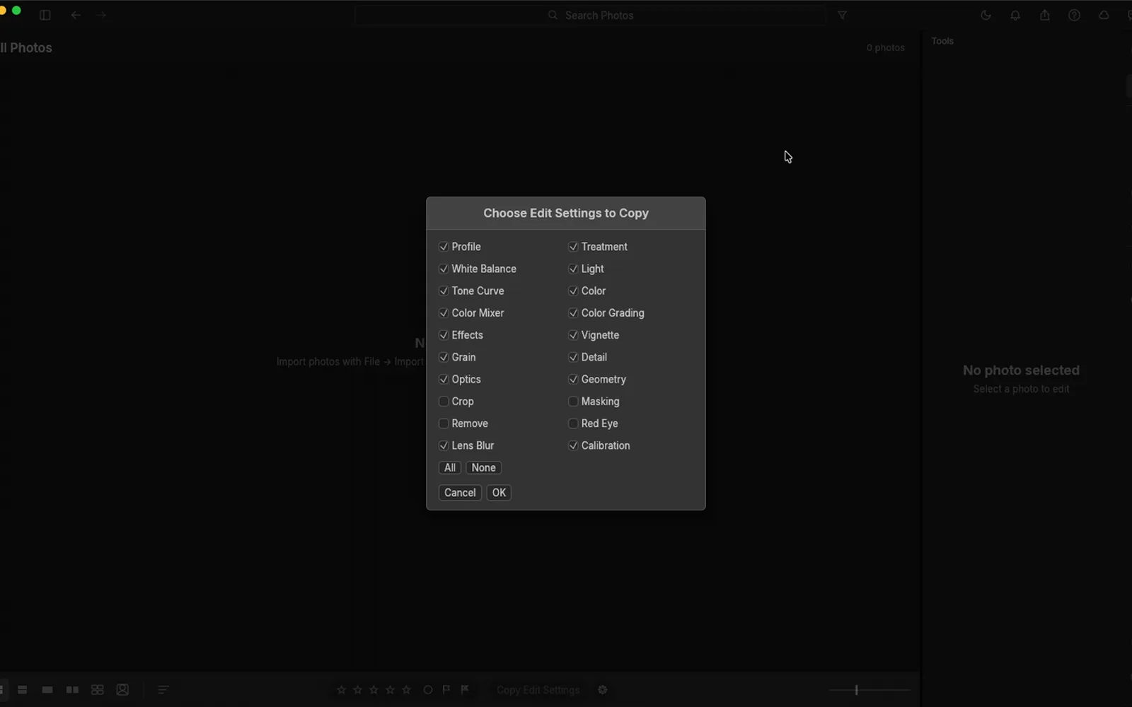 LightCraft 0.7.1 Choose Edit Settings to Copy dialog listing Profile, White Balance, Tone Curve and the other settings