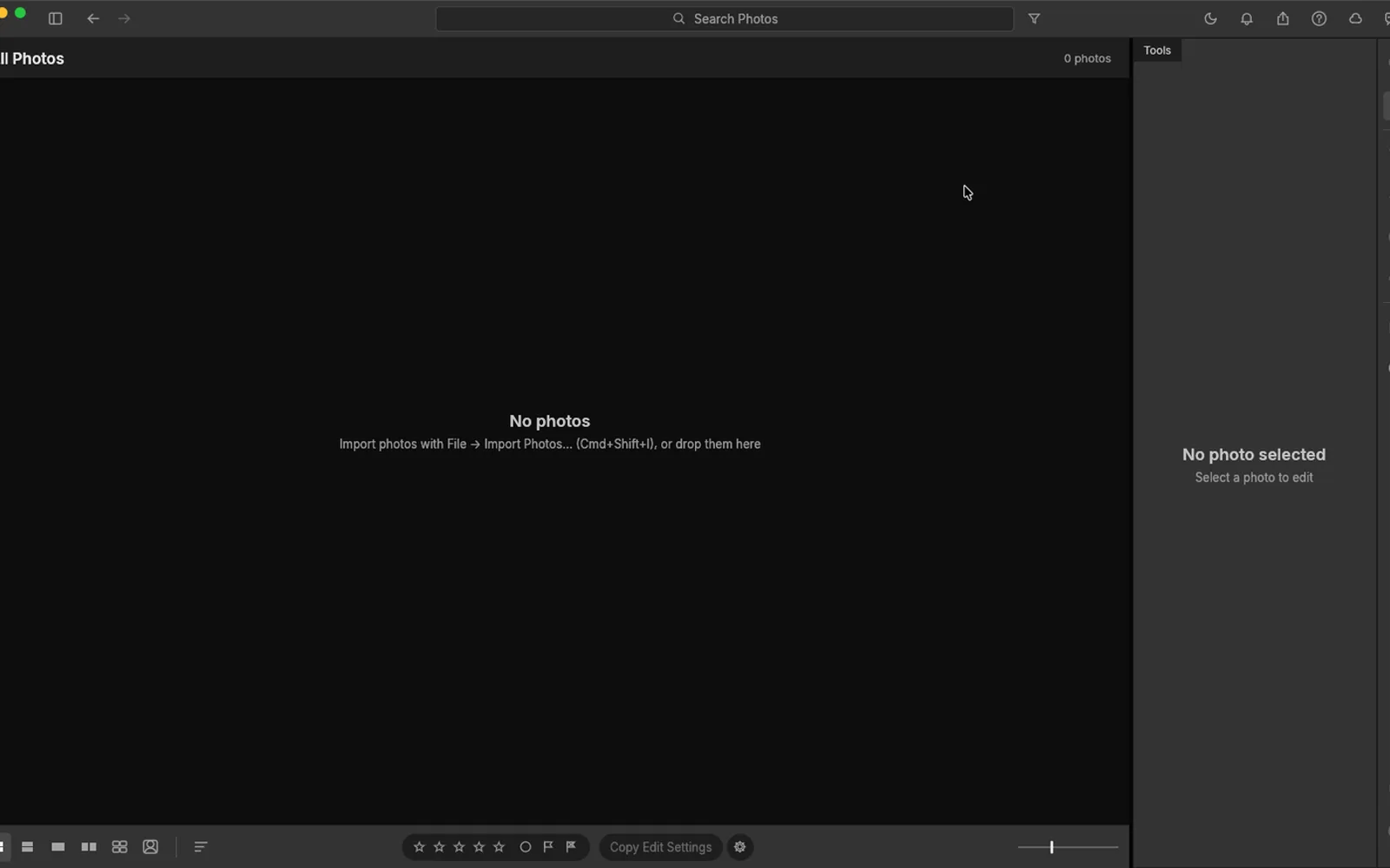 LightCraft 0.7.1 on macOS showing the All Photos library with the Tools panel and an empty photo grid