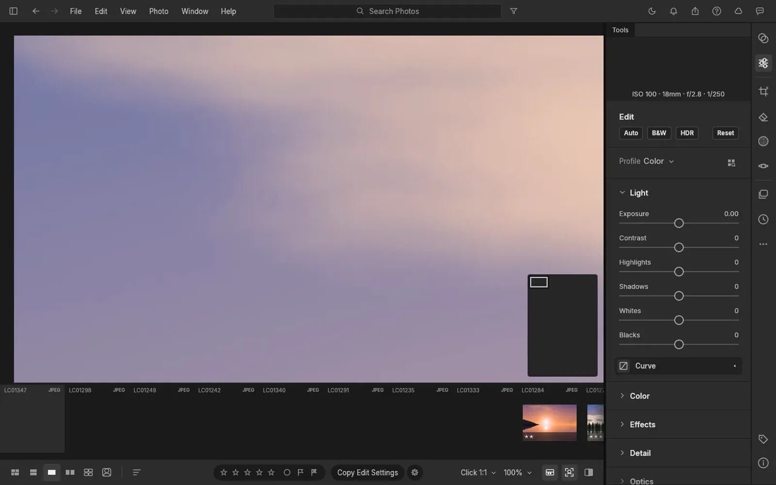 LightCraft 0.7.1 browser build with a sample photo in the loupe and the Edit panel showing Light sliders