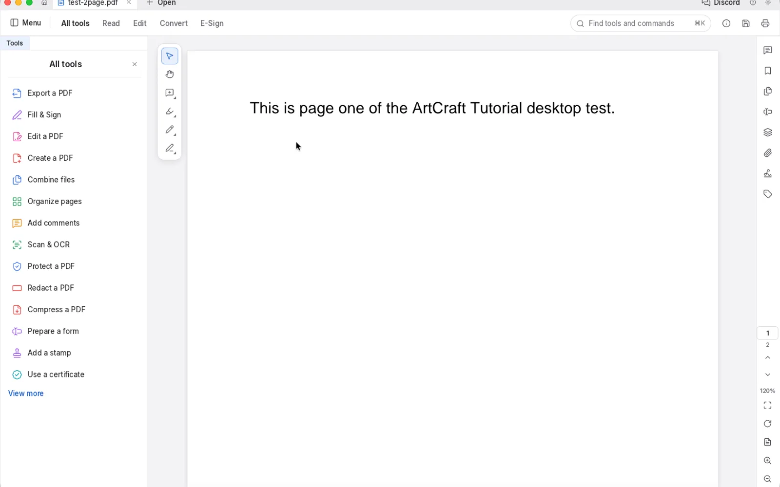 PdfCraft 0.7.1 on macOS with a two-page test PDF open on page one and two page thumbnails on the right