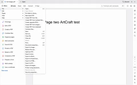 PdfCraft browser build showing page two of the test PDF