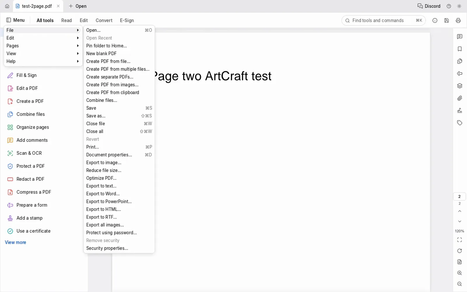 PdfCraft 0.7.1 browser build showing page two of the test PDF with the File menu open