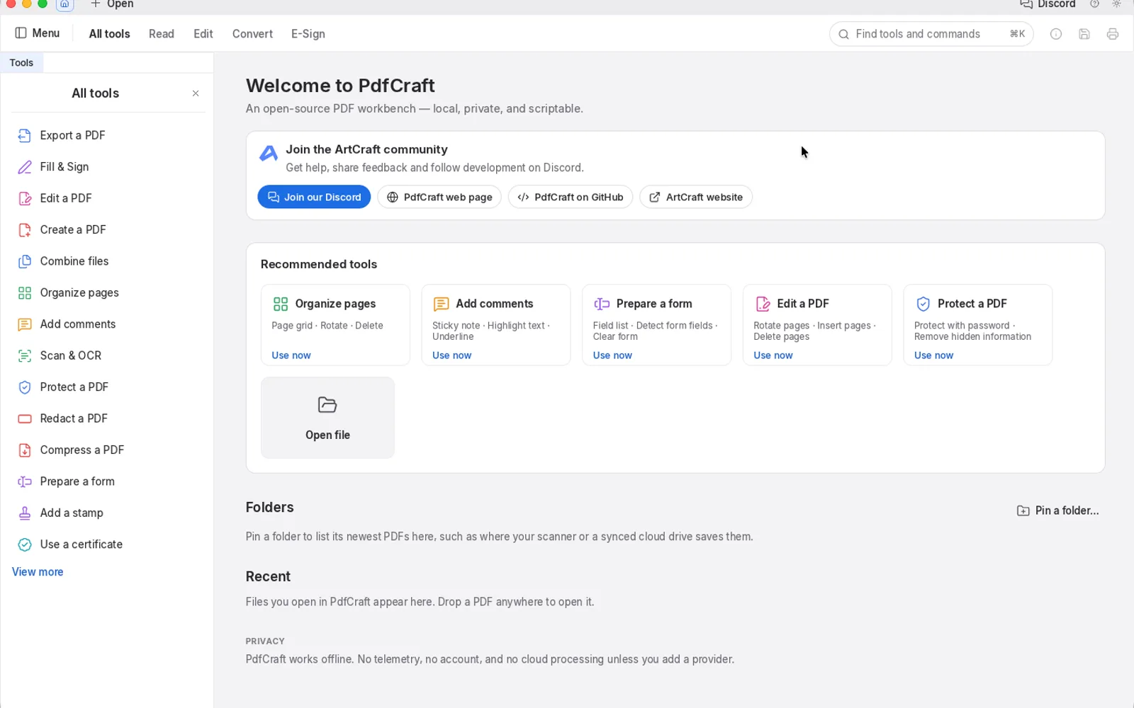 PdfCraft 0.7.1 welcome screen with recommended tools, a Folders area and a Recent list