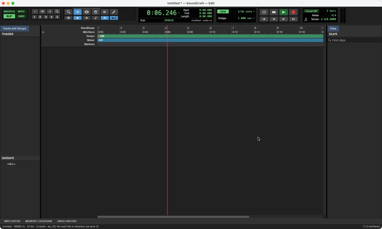 SoundCraft for Mac with the transport running and the timecode past zero
