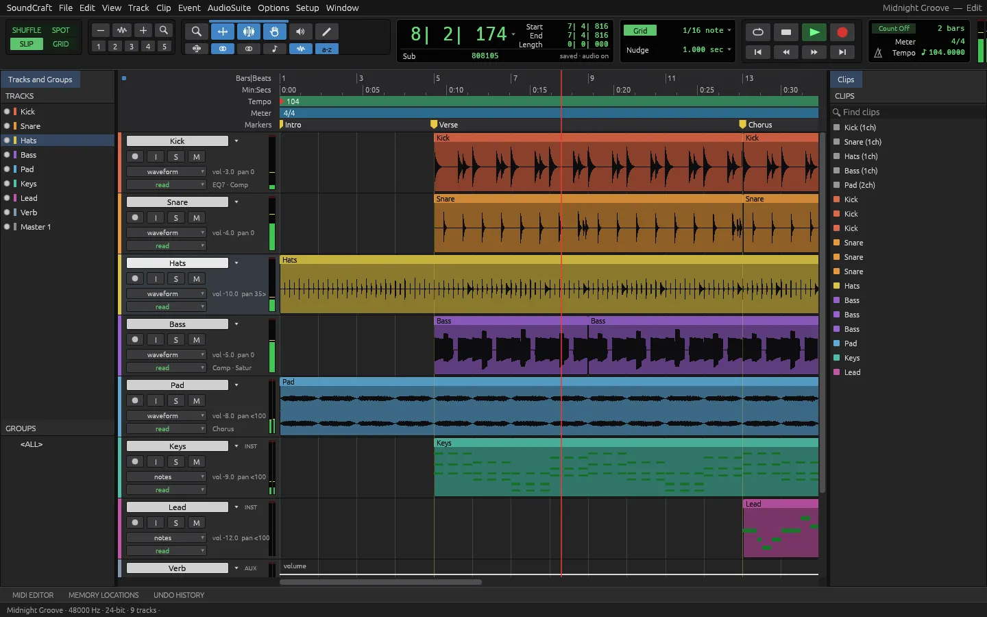 SoundCraft browser build playing the Midnight Groove demo project with nine tracks and waveforms