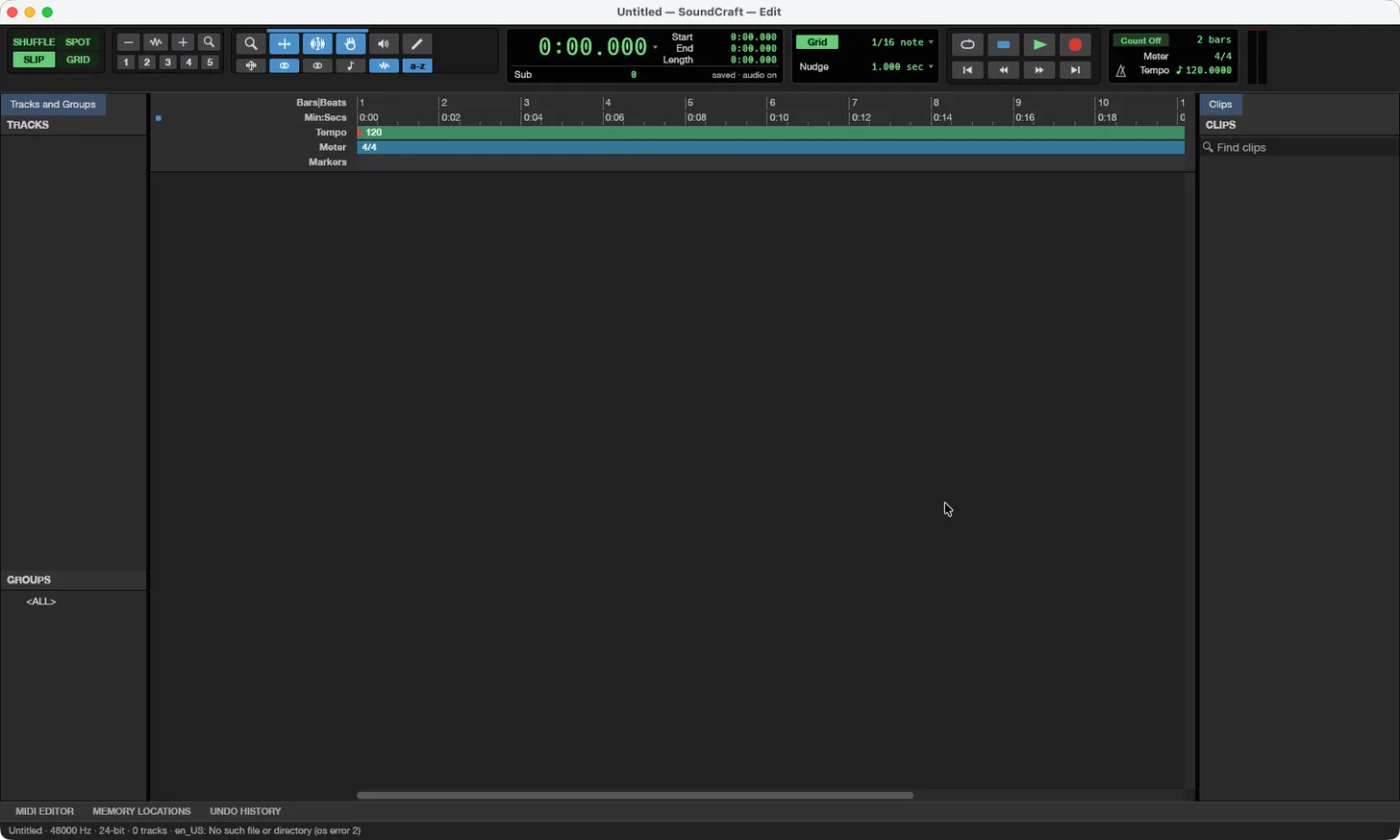 SoundCraft for Mac at first launch with an empty session and the Bars and Beats ruler