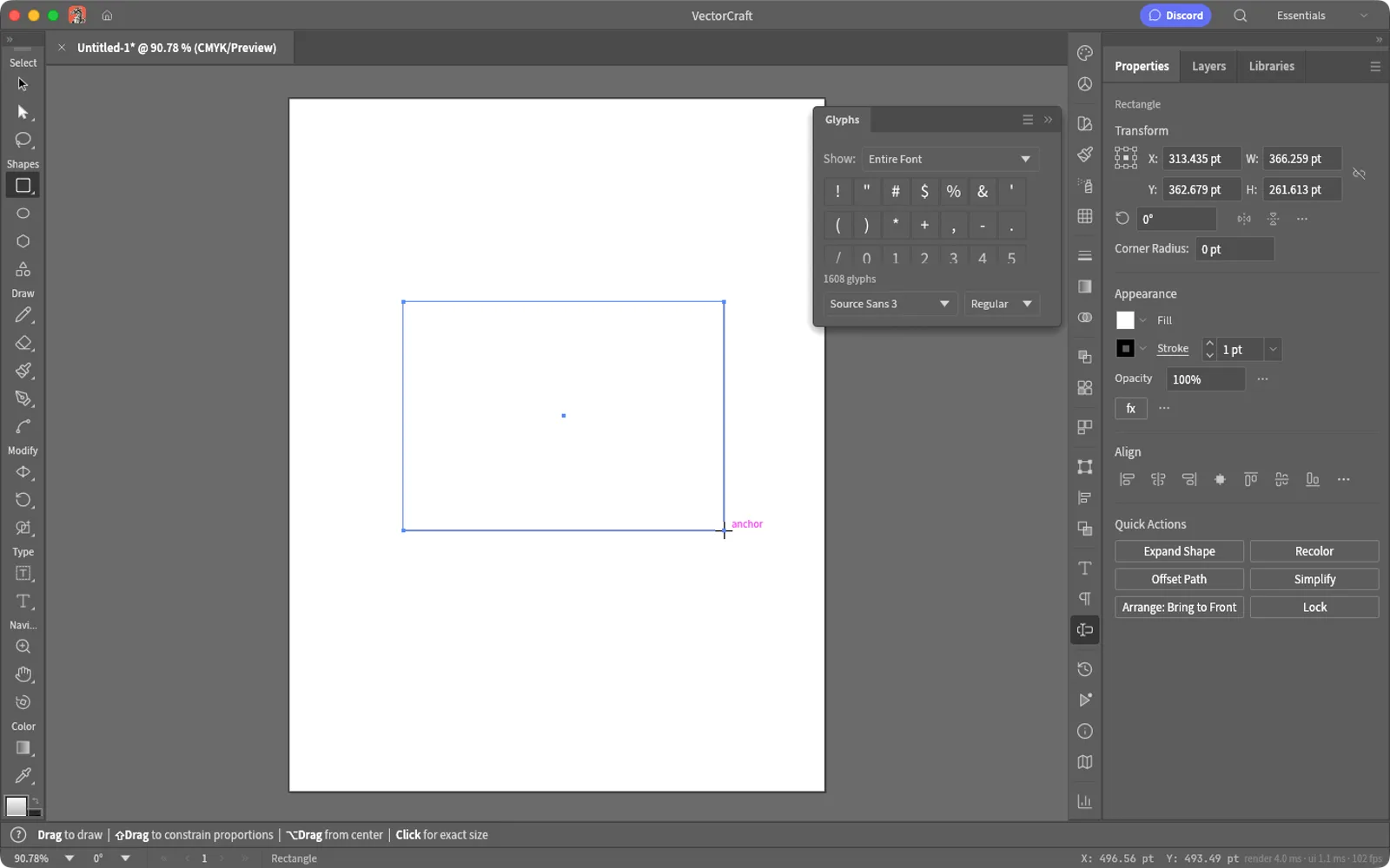 VectorCraft 0.10.0 on macOS with a rectangle drawn on the artboard and the Properties panel open