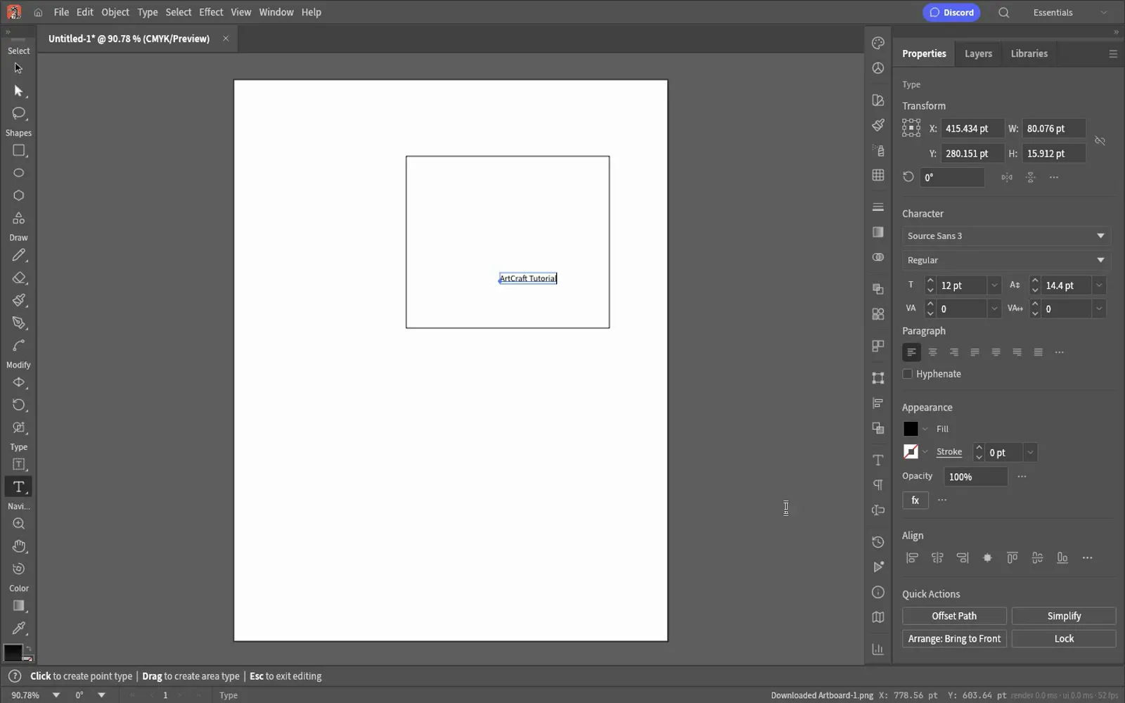 VectorCraft 0.10.0 browser build with the status bar reading Downloaded Artboard-1.png