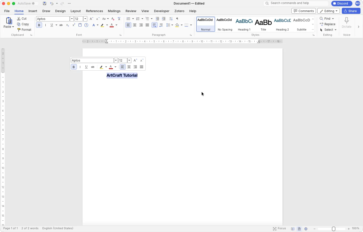 WordCraft for Mac 0.6.1 with the Home tab open and a bolded line of text in the document