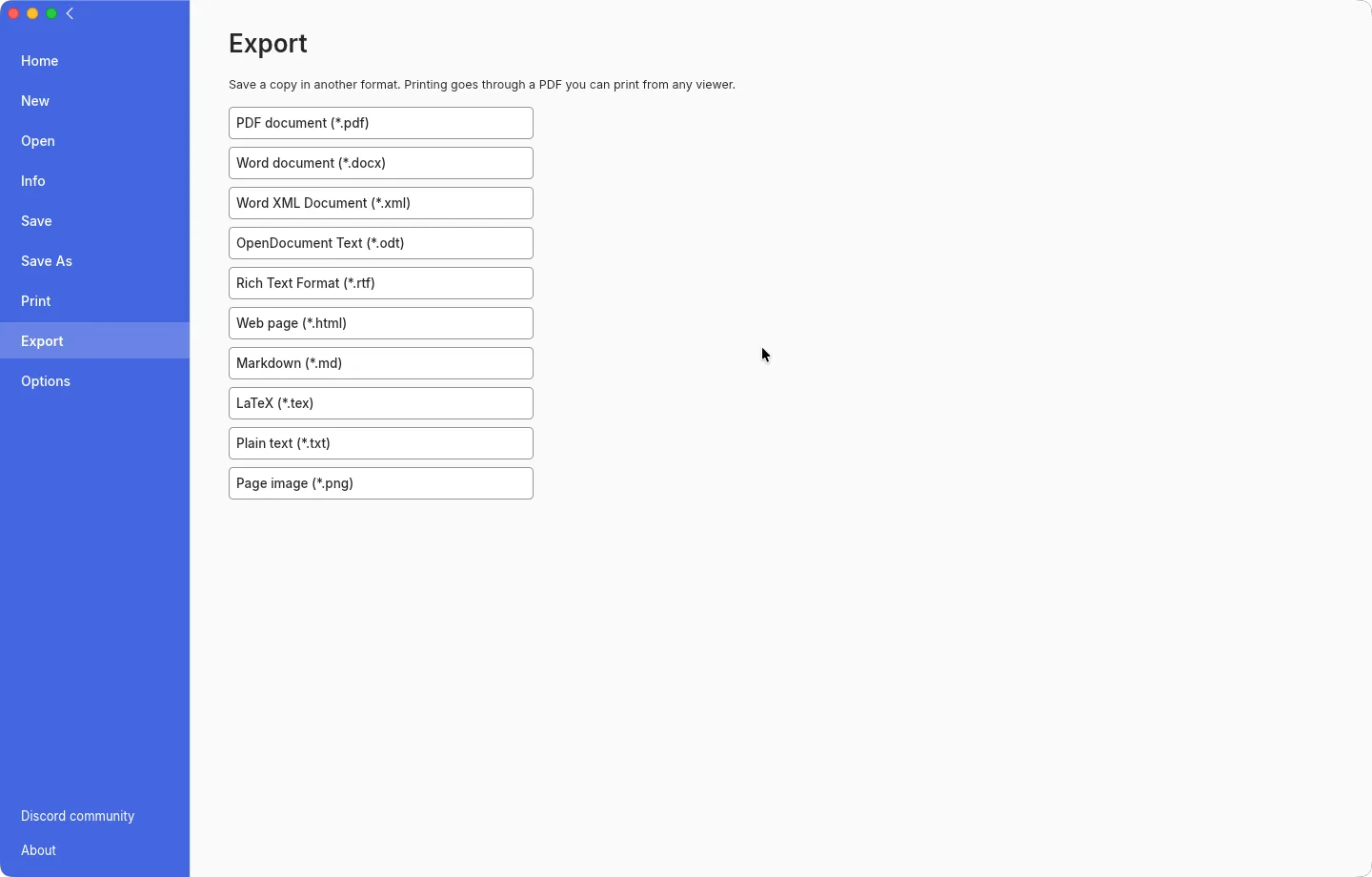 WordCraft for Mac 0.6.1 Export page listing PDF, docx, ODT, RTF, HTML, Markdown, LaTeX, text and PNG targets