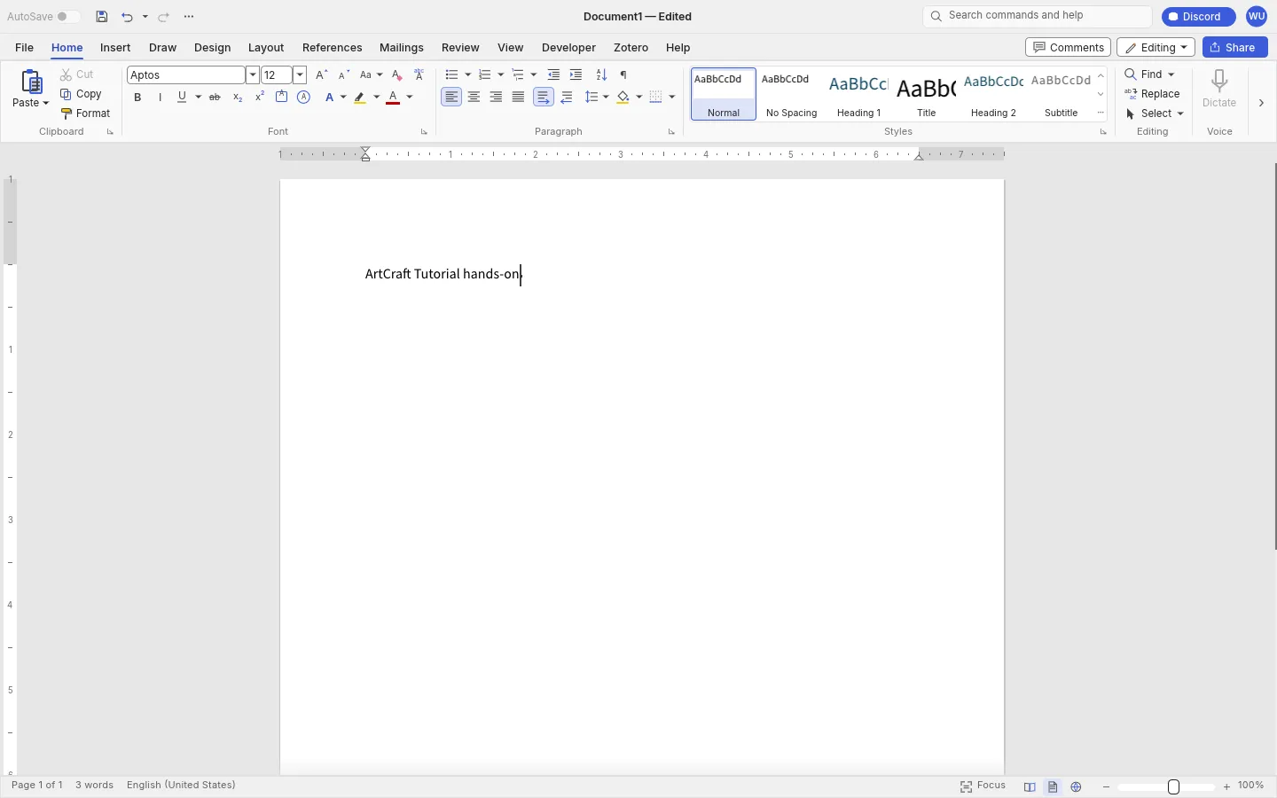 WordCraft browser build with the words ArtCraft Tutorial hands-on typed in a blank document