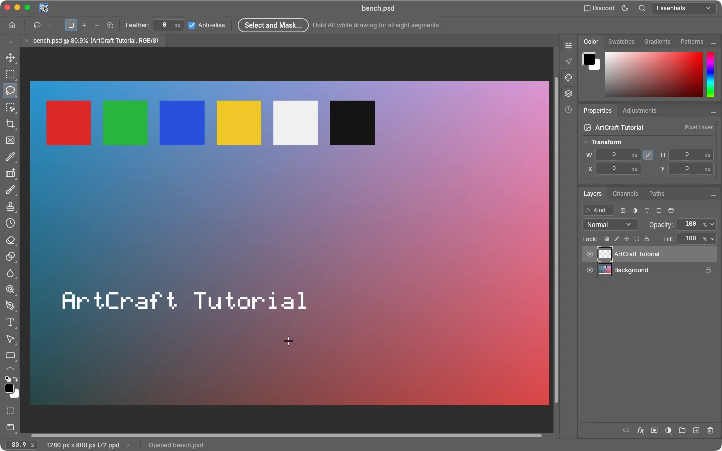 PhotoCraft 0.8.2 on macOS with bench.psd reopened: the Layers panel lists ArtCraft Tutorial above Background and the status bar reads Opened bench.psd