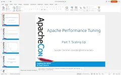 DeckCraft on slide 1 of 48, title Apache Performance Tuning, and a notice that Arial, Courier, Courier New and 2 more are not installed