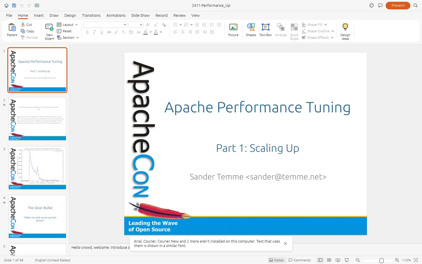 DeckCraft on slide 1 of 48, title Apache Performance Tuning, and a notice that Arial, Courier, Courier New and 2 more are not installed