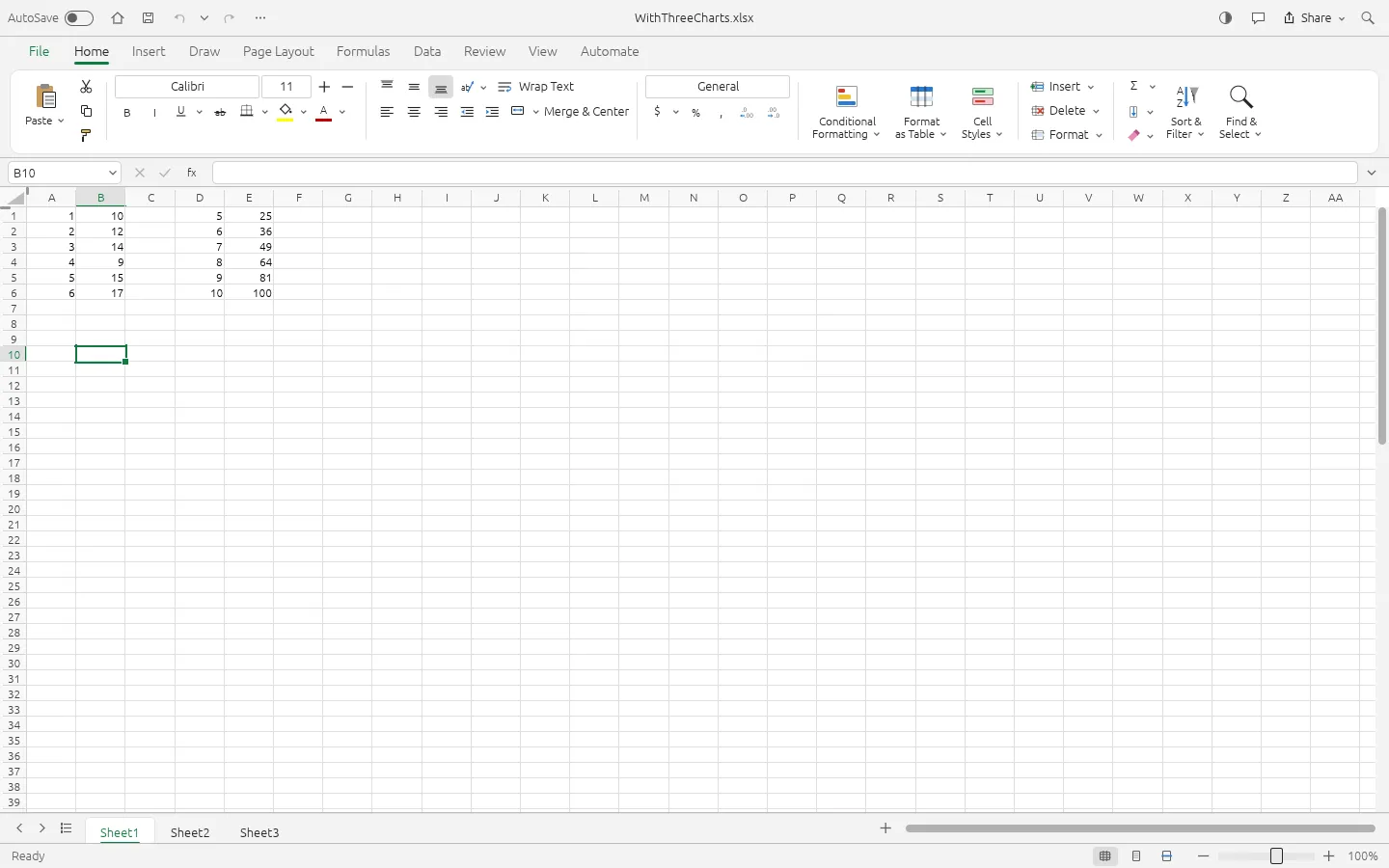 GridCraft with WithThreeCharts.xlsx open, sheet tabs Sheet1, Sheet2 and Sheet3, and numbers in the grid, with no chart drawn