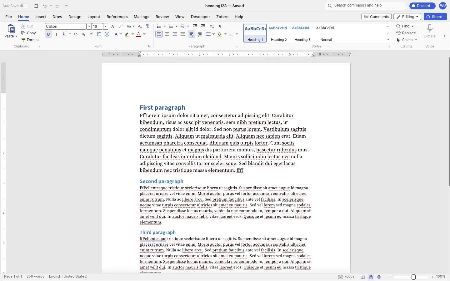 WordCraft with heading123.docx open, styles labeled Heading 1, Heading 2 and Heading 3, and headings First paragraph, Second paragraph and Third paragraph