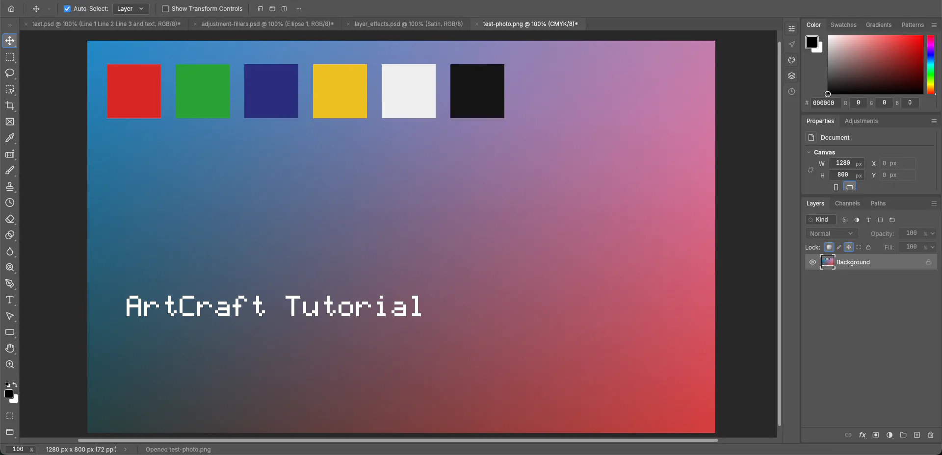 PhotoCraft with test-photo.png open and the document tab reading CMYK/8
