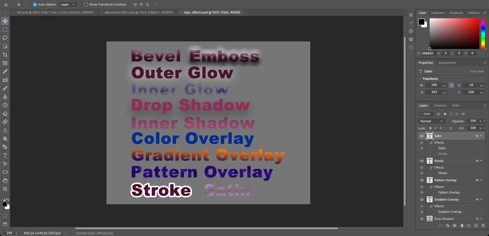 PhotoCraft with layer_effects.psd open: styled words on the canvas and fx badges beside the layers
