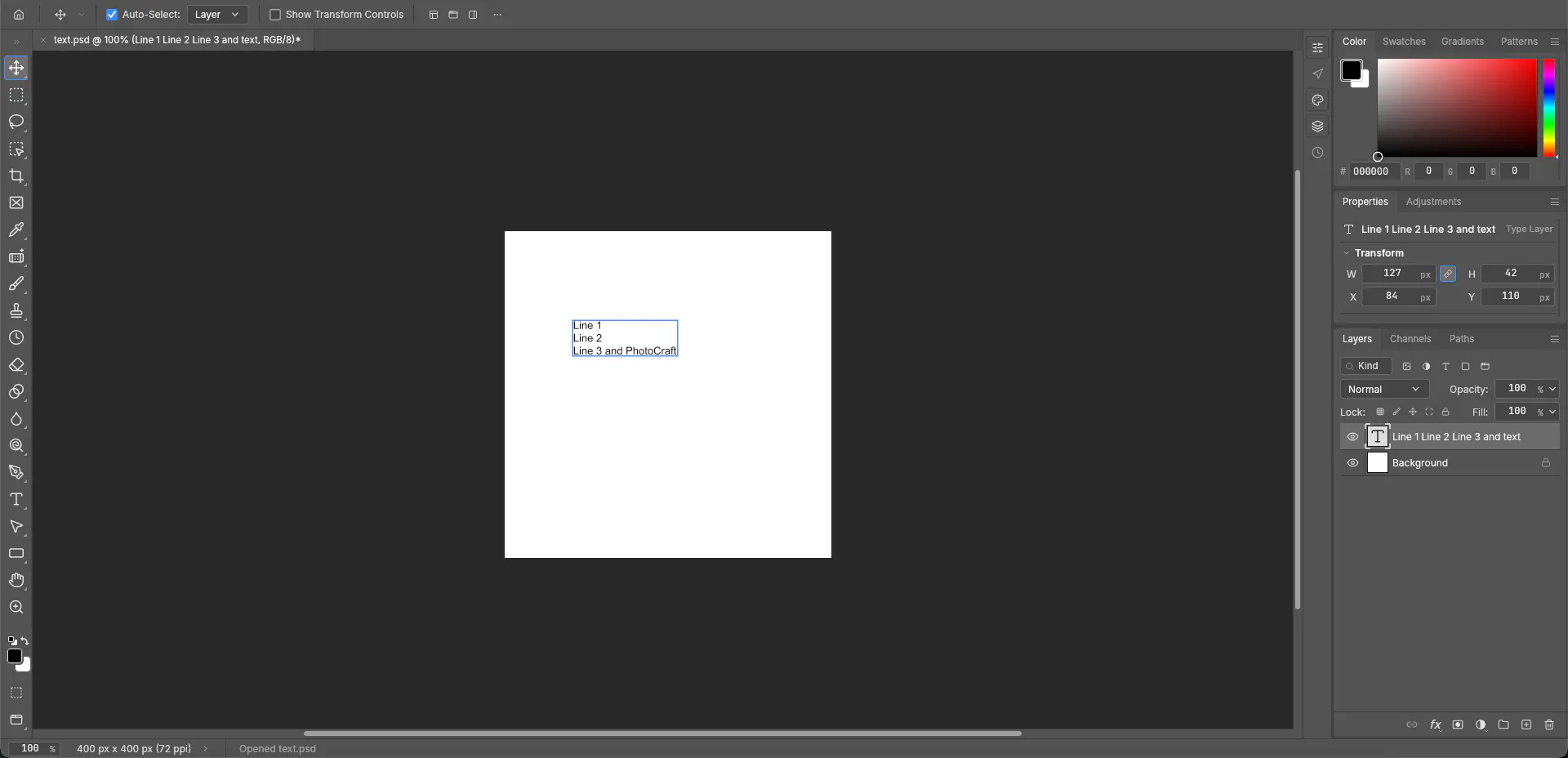PhotoCraft with text.psd open: the canvas reads Line 3 and PhotoCraft, the layer thumbnail is a T, and Properties says Type Layer
