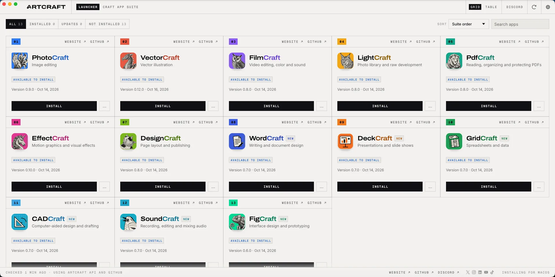 ArtCraft Launcher grid with counts ALL 13, INSTALLED 0, UPDATES 0 and NOT INSTALLED 13, and cards marked AVAILABLE TO INSTALL