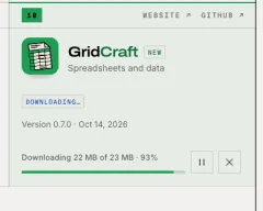 GridCraft card reading DOWNLOADING, 22 MB of 23 MB, 93 percent