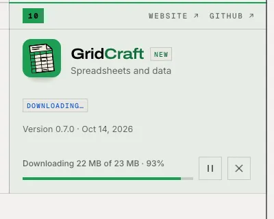 GridCraft card reading DOWNLOADING, 22 MB of 23 MB, 93 percent