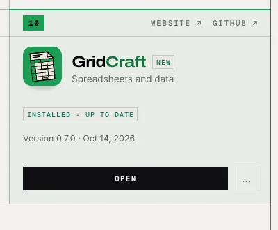 GridCraft card reading INSTALLED · UP TO DATE, version 0.7.0, Oct 14, 2026, with an OPEN button